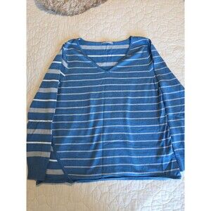 Smartwool Merino Wool Blend V-Neck Split Stripe Relaxed Sweater Blue White M